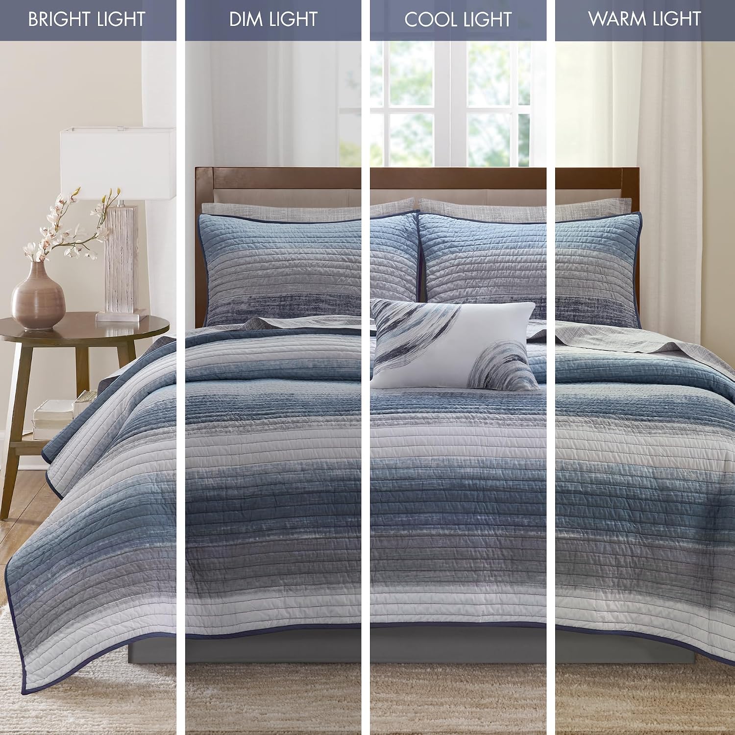 Madison Park Essentials Saben Cozy Bed in A Bag Reversible Quilt with Complete Cotton Sheet Set-Geometric Design All Season Cover, Decorative Pillow,King(104'x92'), Stripes Navy 8 Piece