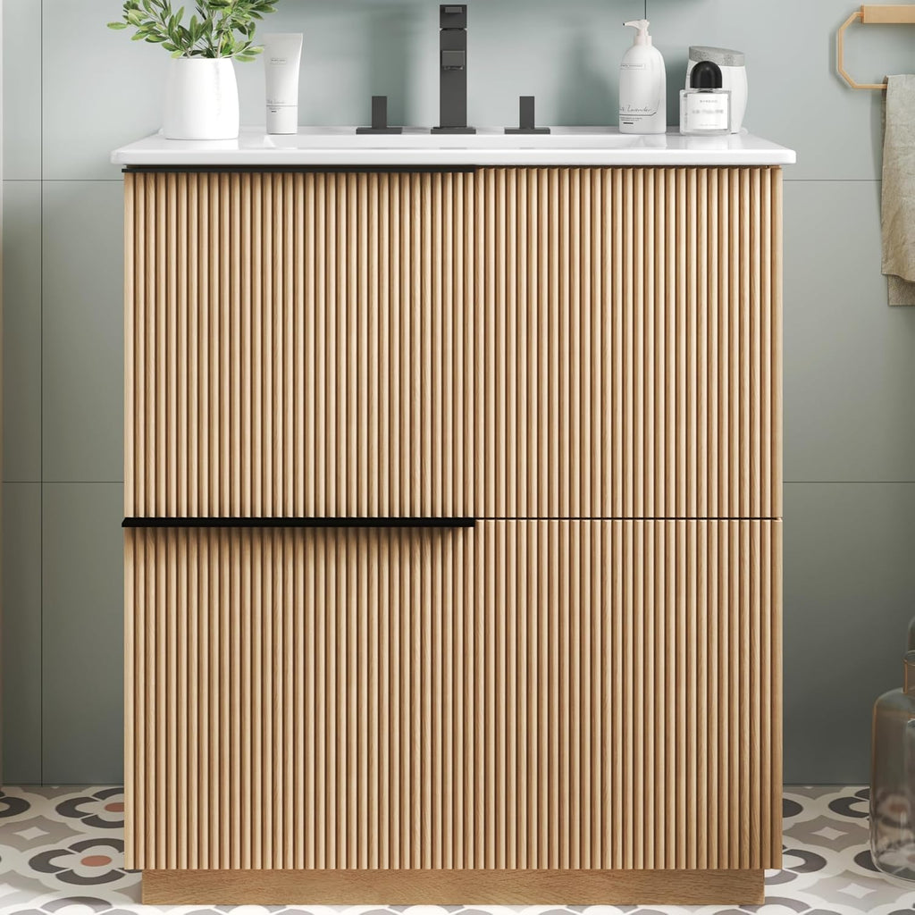 Christopher Knight Home Byron 30' Bathroom Vanity with Sink, Modern Freestanding Bathroom Sink Cabinet with Drawer, Undermount Vanity Sink Cabinet, Bathroom Storage Cabinet with Sink Combo Set,Natural