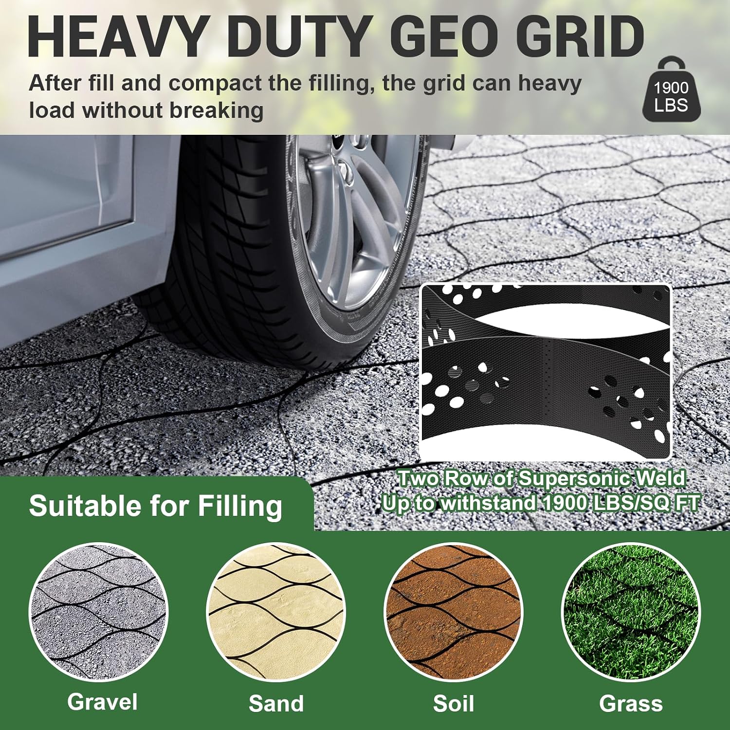 Gravel Grid 9x34 FT with 20Pcs Landscape Staples, 2'' Thick Geogrid Ground Grid 2200 lbs per Sq Ft Erosion Control Geo Grid for Driveway, Walkway, Horse Paddock, Patio, Parking Lot, Slope