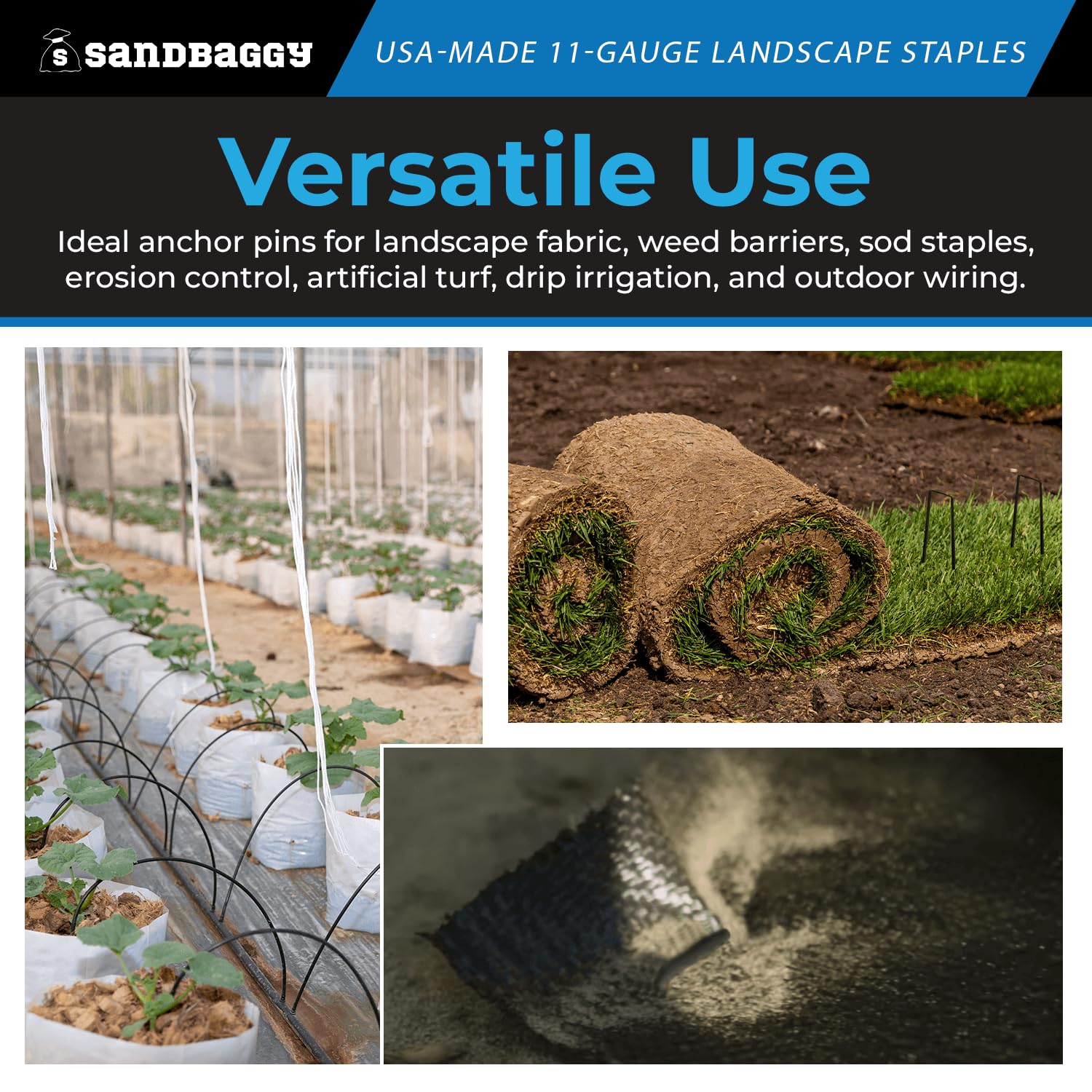 Sandbaggy USA Made 6-inch Landscape Staples - Garden Stakes - Landscaping Fabric, Netting, Sod, Artificial Turf (Standard, 1000)