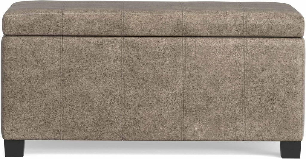 SIMPLIHOME Dover Storage Ottoman Bench - 36 inch Wide Upholstered Vegan Leather Rectangular Lift-Top Ottoman in Distressed Smoky Grey Brown, Contemporary Bench for Living Room with Safety Hinges