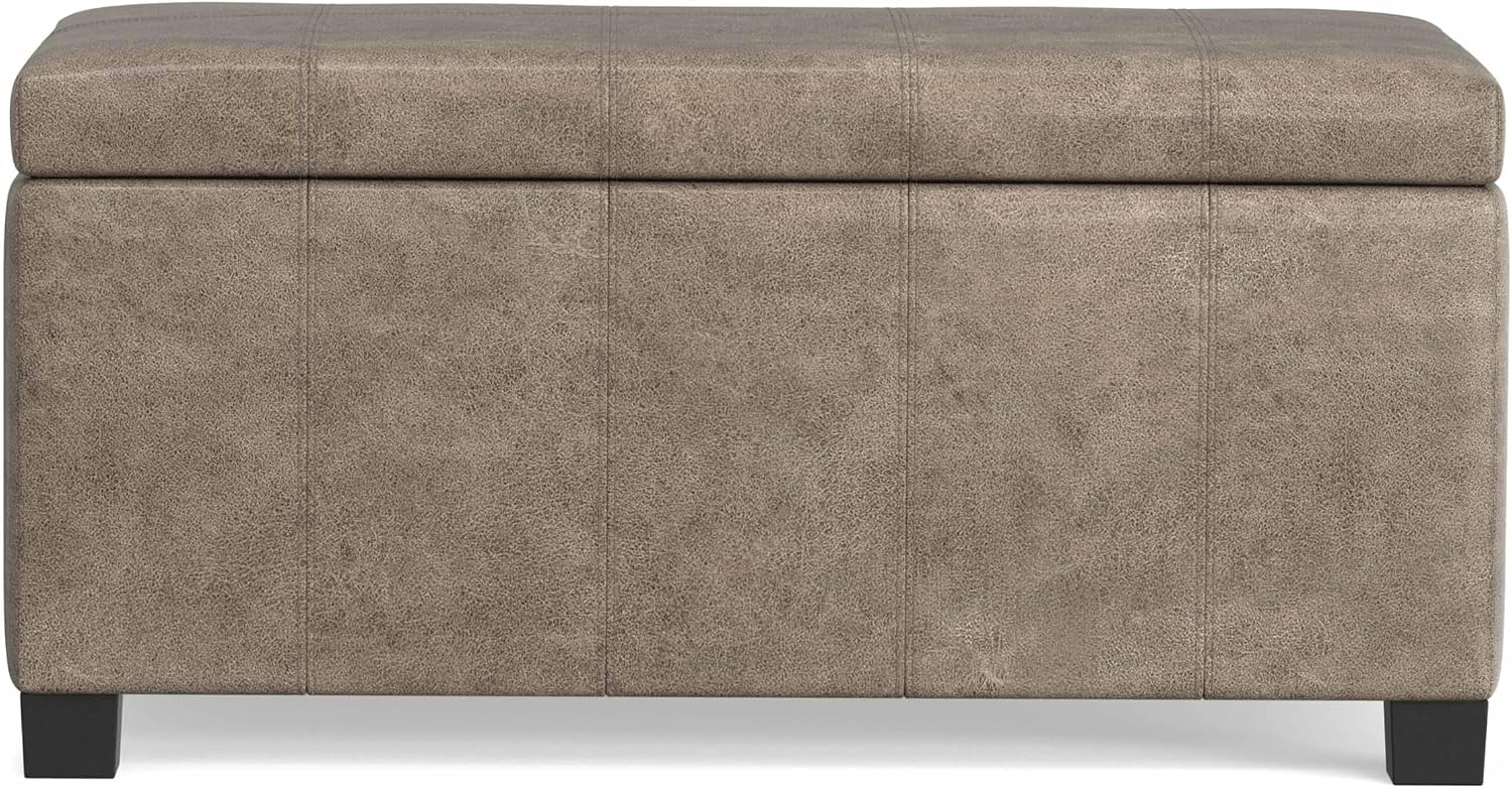 SIMPLIHOME Dover Storage Ottoman Bench - 36 inch Wide Upholstered Vegan Leather Rectangular Lift-Top Ottoman in Distressed Smoky Grey Brown, Contemporary Bench for Living Room with Safety Hinges