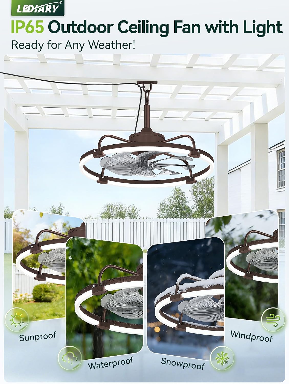 LEDIARY 24' Outdoor Ceiling Fans with Light for Patios, IP65 Waterproof Gazebo Fan, Plug-in Hanging Fan Remote&APP Control, 3CCT Dimmable, 6-Speeds, Caged Ceiling Fan for Gazebo,Patio,Pergola,Porch