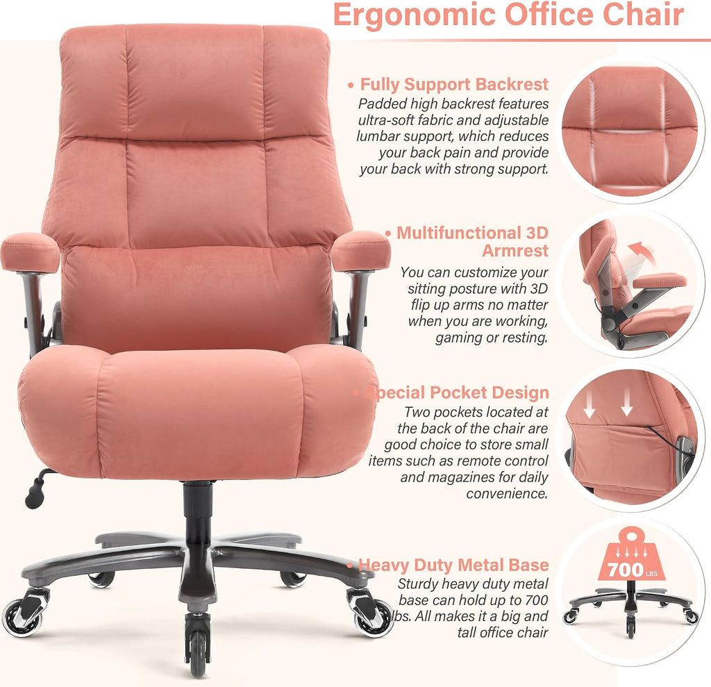 Big and Tall Office Chair 700lbs- Executive Desk Chair with Adjustable Lumbar Support 3D Flip UP Arms- Heavy Duty Quiet Wheels Metal Base Ergonomic Computer Chairs, Pink