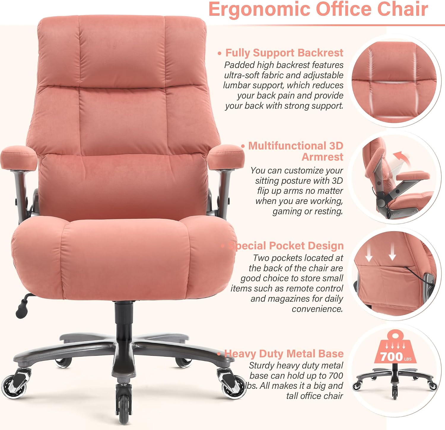 Big and Tall Office Chair 700lbs- Executive Desk Chair with Adjustable Lumbar Support 3D Flip UP Arms- Heavy Duty Quiet Wheels Metal Base Ergonomic Computer Chairs, Pink