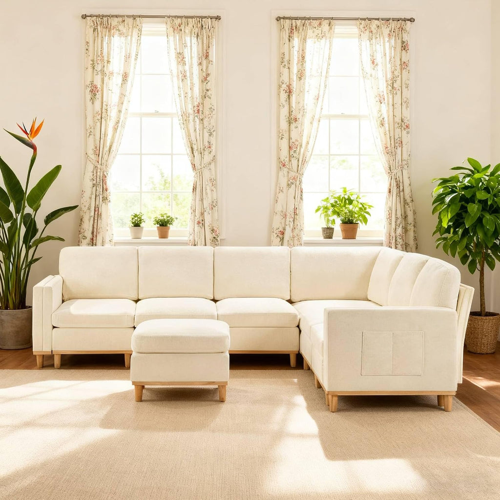 KEIKI 110' Modular Sectional Sofa for Living Room, Convertible 6 Seat Cloud Couch with Soft Fabric Padding, Reconfigurable Furniture for Open Concept Space, Bright Modern Home, White