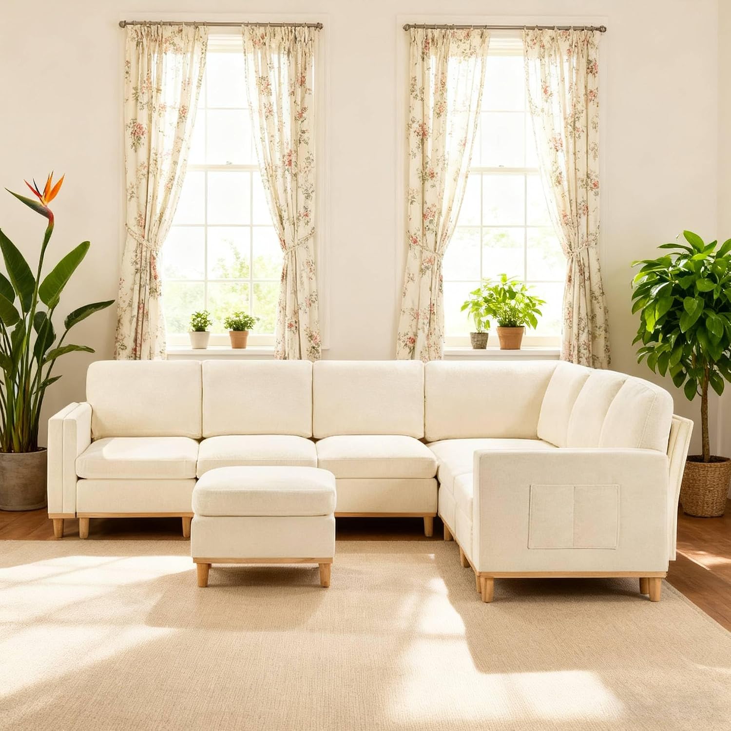 KEIKI 110' Modular Sectional Sofa for Living Room, Convertible 6 Seat Cloud Couch with Soft Fabric Padding, Reconfigurable Furniture for Open Concept Space, Bright Modern Home, White