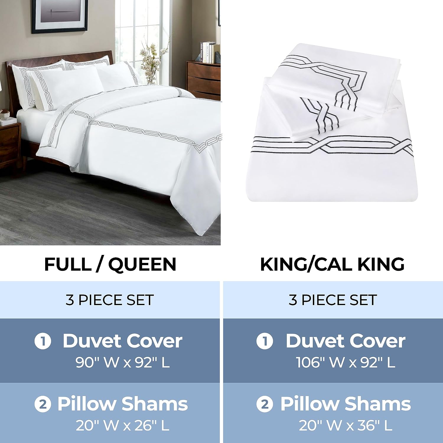 Superior Egyptian Cotton 1200 Thread Count Embroidered 3-Piece Duvet Cover Set, 1 Duvet Cover, 2 Pillow Shams, Bedding Essentials Decor, Soft Comforter Cover, Full/Queen, White/Navy Blue