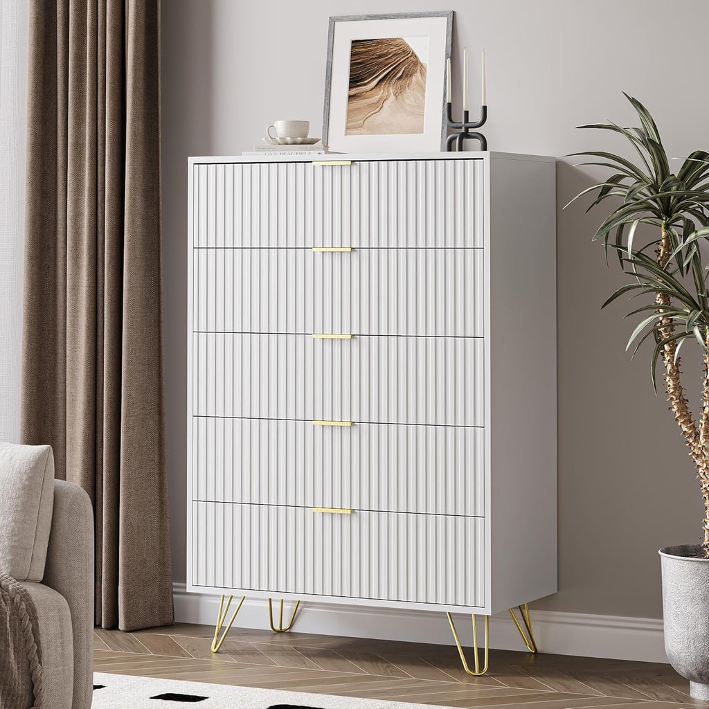 MAISONARIA 5 Drawers Dresser for Bedroom, 47' Tall Modern Chest of Drawers with Gold Handle, Fluted Wood Dresser for Bedroom, Living Room, Hallway, Entryway, White