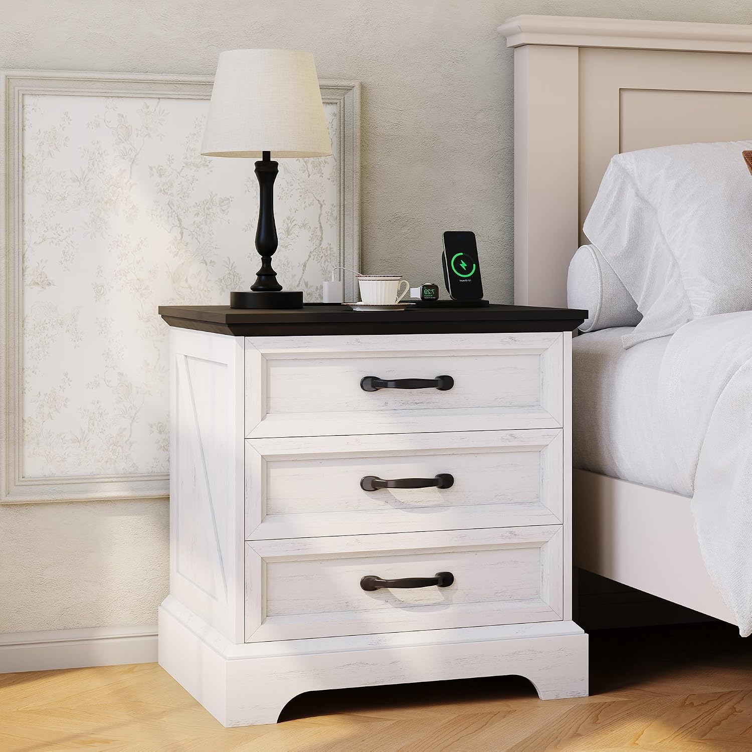 Modern Farmhouse Wood Nightstand with Charging Station & 3 Large Drawers, 24 Inch Wide Rustic Bedside Table & End Table with Storage Bedside Cabinet for Bedroom Living Room Small Space White