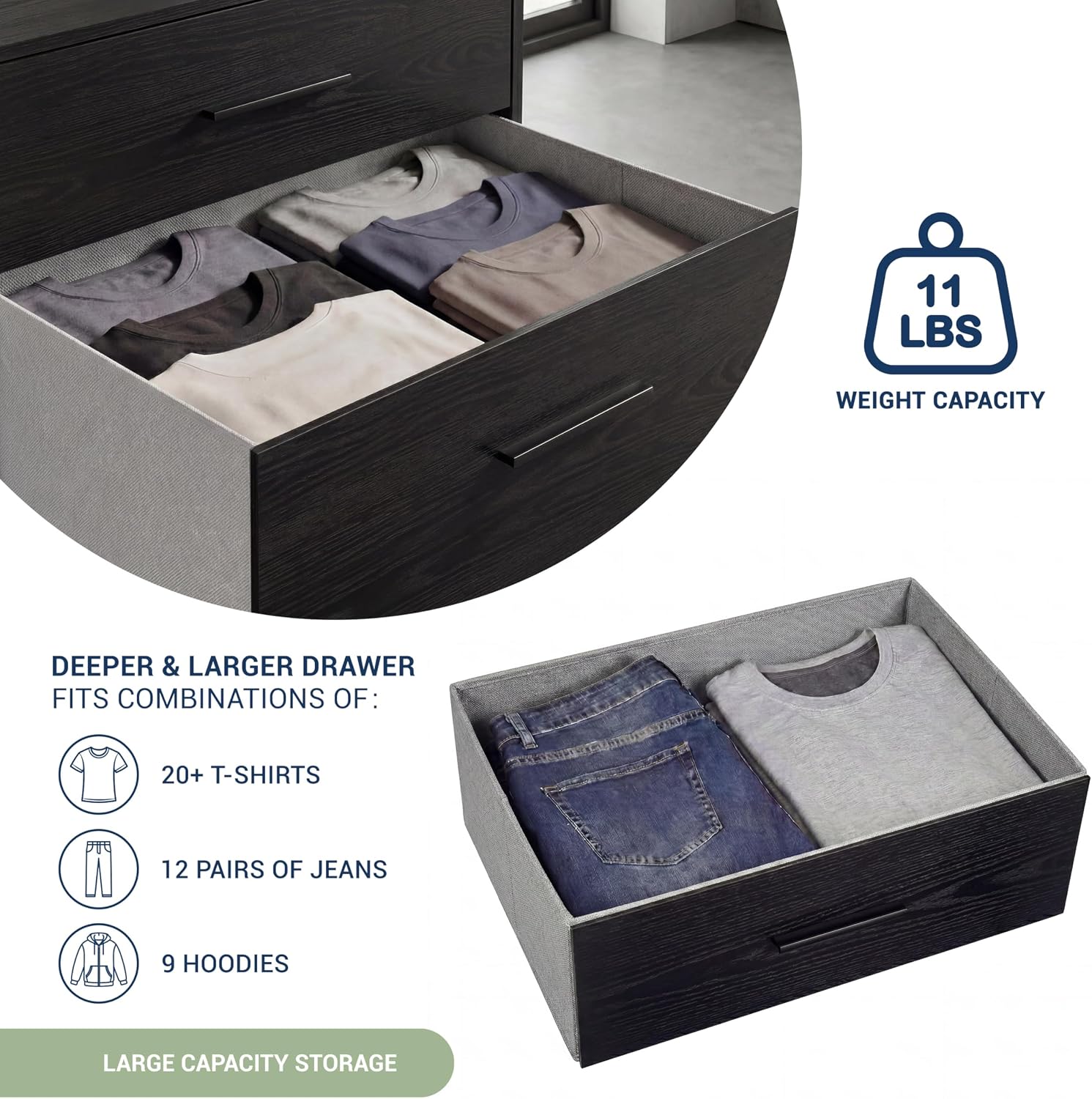 Modern 6-Drawer Dresser with Spacious Storage, Sturdy Wood Frame, Large Capacity Fabric Drawers, Dressers for Bedroom, Home Organization Storage for Living Room or Hallway, Black