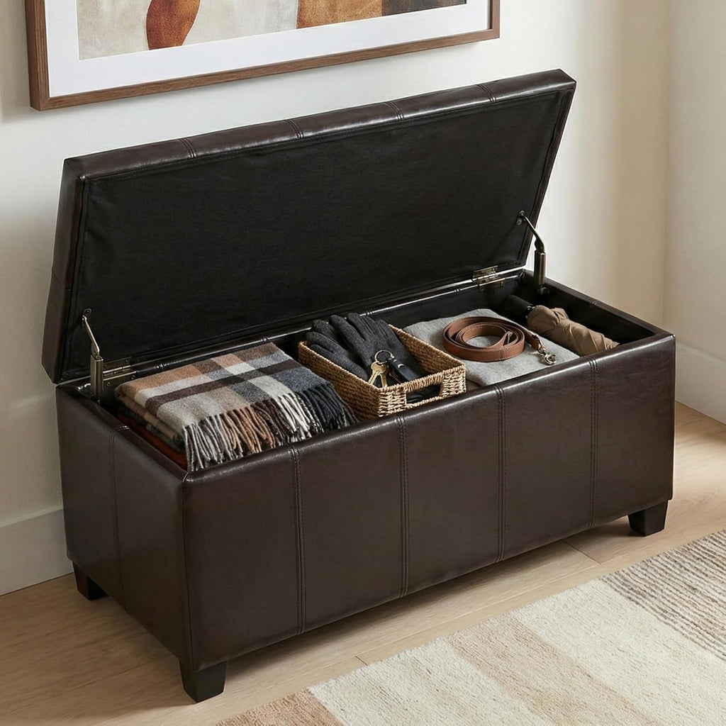 SIMPLIHOME Dover Storage Ottoman Bench - 36 inch Wide Upholstered Vegan Leather Rectangular Lift-Top Ottoman in Tanners Brown, Contemporary Bench for Living Room with Safety Hinges
