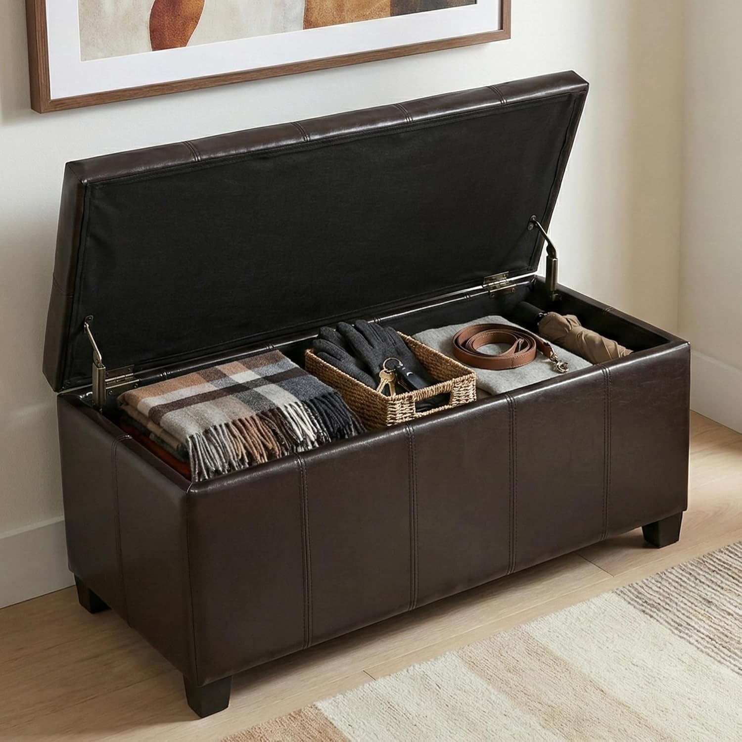 SIMPLIHOME Dover Storage Ottoman Bench - 36 inch Wide Upholstered Vegan Leather Rectangular Lift-Top Ottoman in Tanners Brown, Contemporary Bench for Living Room with Safety Hinges