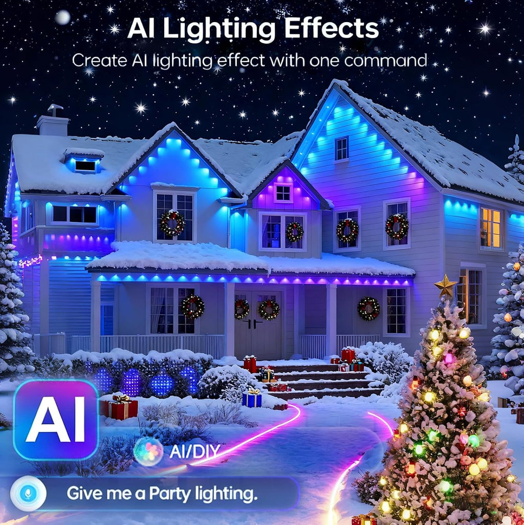 rosykite Permanent Outdoor Christmas Lights for House,100ft Smart RGB+IC Color Eave Lights,Tunable Warm to Cool White 60lm for Daily Lighting,IP67 Waterproof, Alexa Google APP Remote Control