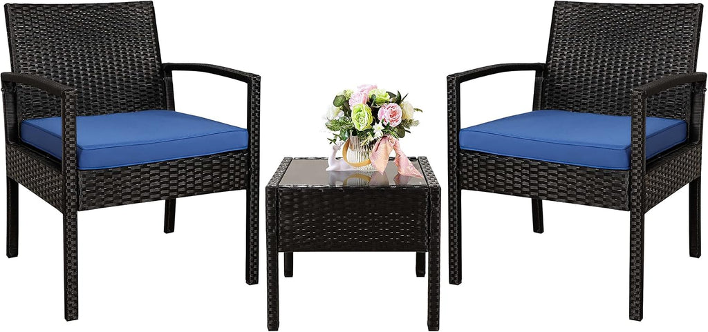 3 Piece Outdoor Patio Furniture Sets, Rattan Conversation Set with Soft Cushion, Wicker Chairs with Coffee Table for Yard Backyard Lawn Porch Poolside Balcony, Blue