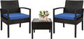 3 Piece Outdoor Patio Furniture Sets, Rattan Conversation Set with Soft Cushion, Wicker Chairs with Coffee Table for Yard Backyard Lawn Porch Poolside Balcony, Blue