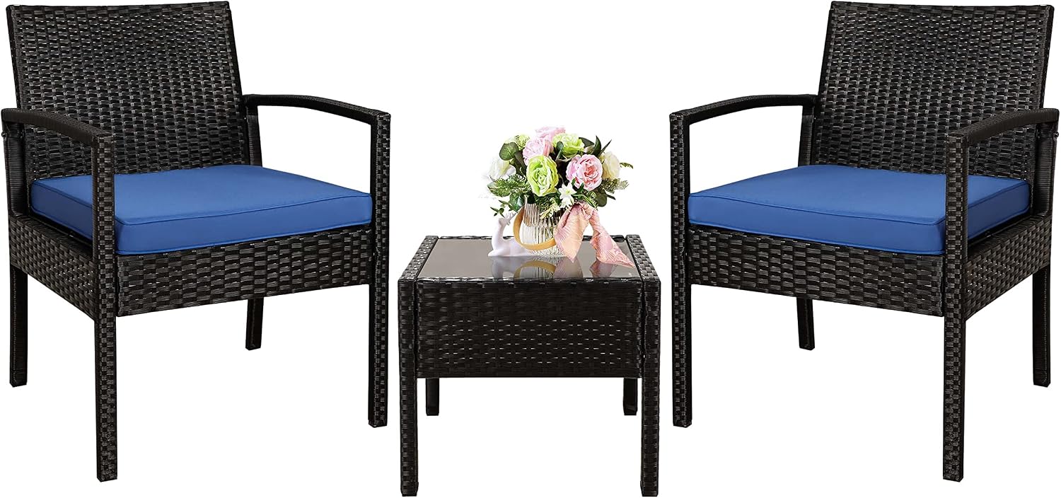 3 Piece Outdoor Patio Furniture Sets, Rattan Conversation Set with Soft Cushion, Wicker Chairs with Coffee Table for Yard Backyard Lawn Porch Poolside Balcony, Blue