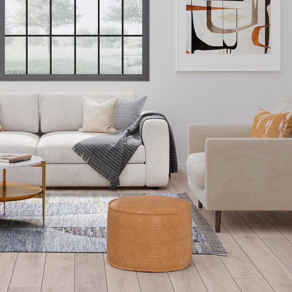 SIMPLIHOME Brody Round Pouf - 20 inch Wide Upholstered Vegan Leather Ottoman in Distressed Brown, Boho Footstool or Extra Seating for Living Room or Bedroom with Polystyrene Filling, Assembled