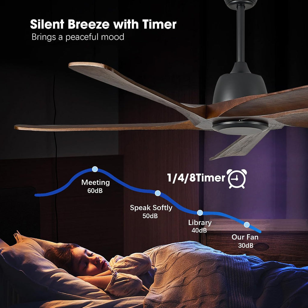 60 Inch Solid Wood Ceiling Fan No Lights, Remote and APP Control, DC Motor, 6-speed Reversible, Outdoor Ceiling Fans for Bedroom, Living Room, Office, Dark Walnut