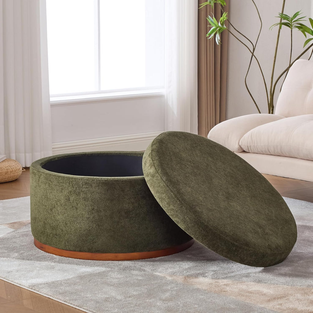 Christopher Knight Home Sadin Modern Round Ottoman with Storage for Living Room, Lift-Lid Storage Ottoman Coffee Table, Velvet Upholstered Ottoman Foot Rest, No Assembly Needed, Olive Green