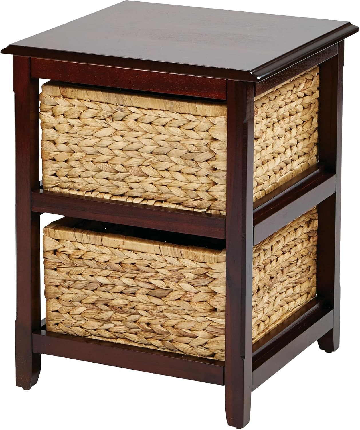 OSP Home Furnishings Seabrook Storage Tower with Solid Wood Frame and Natural Baskets, 2-Drawer, Espresso Finish