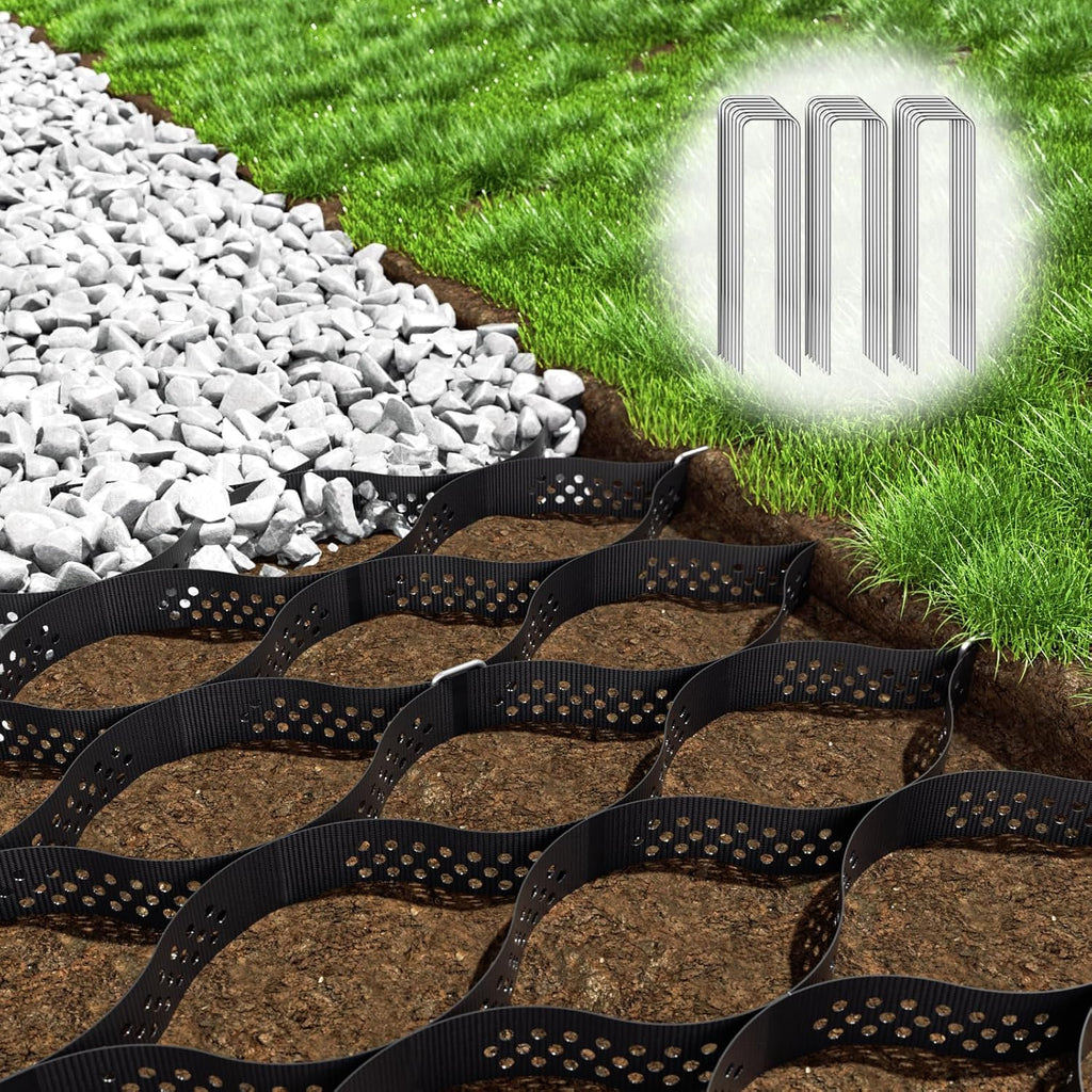 Gravel Grid 4.4x66.5 FT with 50Pcs Landscape Staples, 2'' Thick Geogrid Ground Grid 2200 lbs per Sq Ft Erosion Control Geo Grid for Driveway, Walkway, Horse Paddock, Patio, Parking Lot, Slope