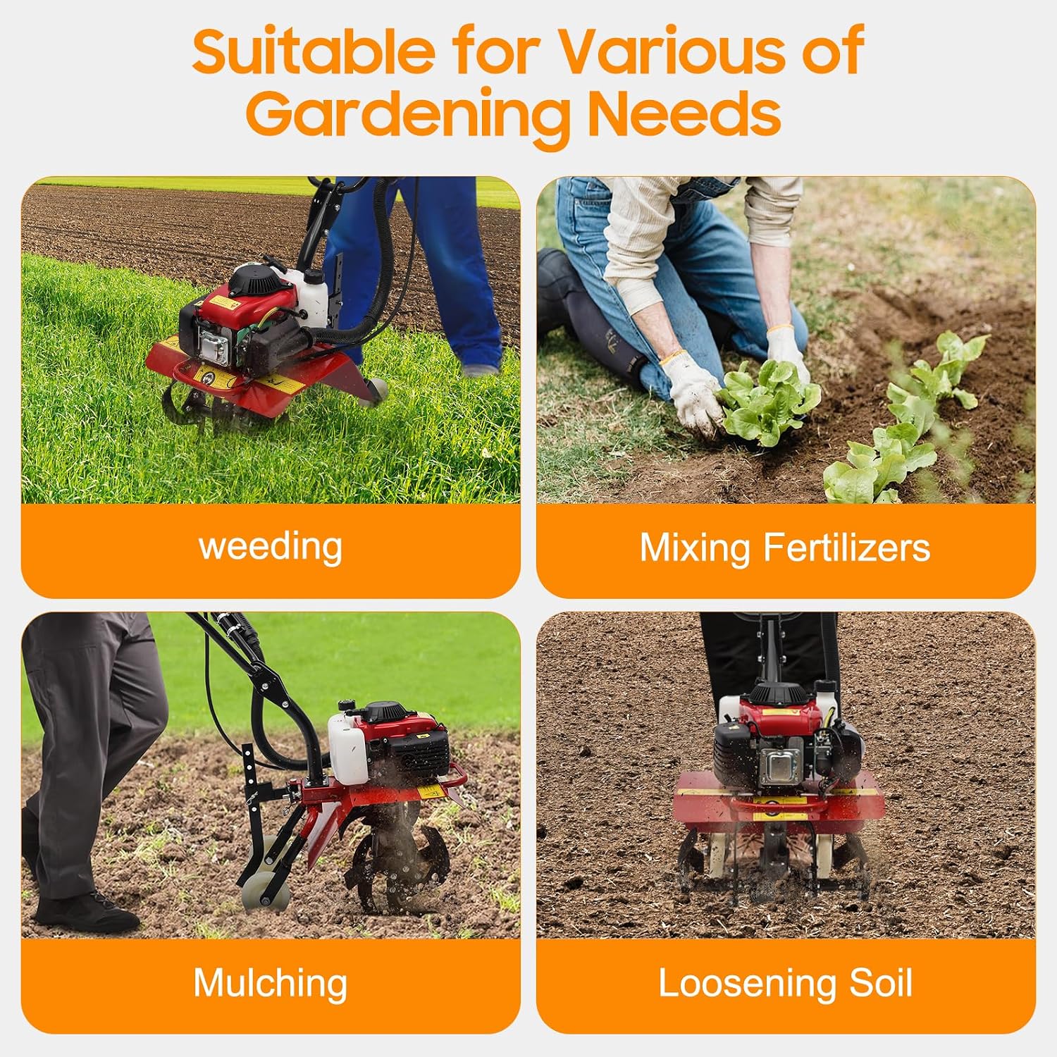 4-Stroke 63CC Gas Powered Tiller Cultivator for Garden Yard 8500-9000rpm Rototiller Tilling Tool Gas Tiller- Ideal for Garden, Lawn, Soil Cultivation, Weed & Digging