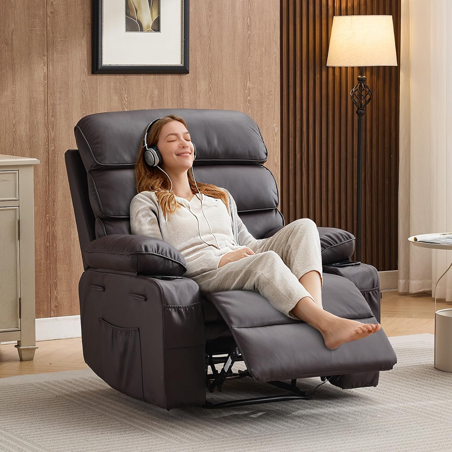 Garvee PU Leather Manual Recliner Chair with Massage and Heat, 27' Extra Wide Seat, 400 lbs Capacity, Thickened Sponge Armrests and Back, Cup Holders & Side Pocket, Living Room or Bedroom, Dark Brown