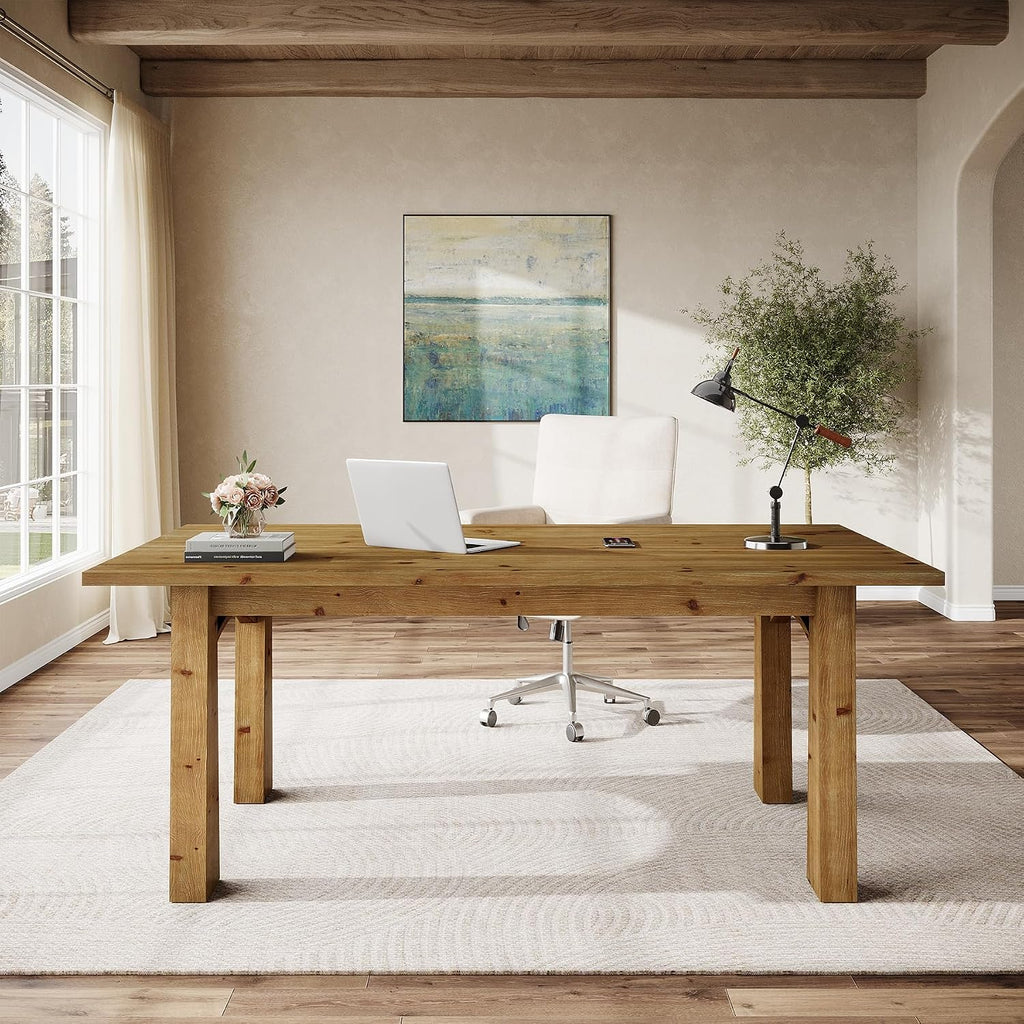 Solid Wood Executive Desk, 63-Inch Computer Desk with Sturdy Wooden Legs, Farmhouse Workstations Writing Table Conference Table Business Furniture for Home Office