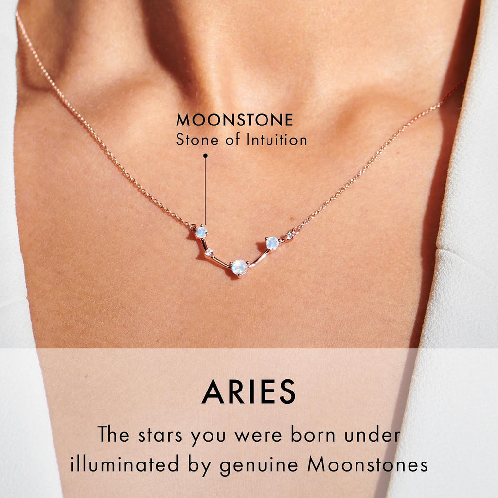 Moon Magic Moonstone Zodiac Necklaces for Women | Constellation Necklace 925 Sterling Silver | 18k Rose and Yellow Gold Zodiac Sign Pendants | Authentic Real Dainty Moon Stone Jewelry for Women