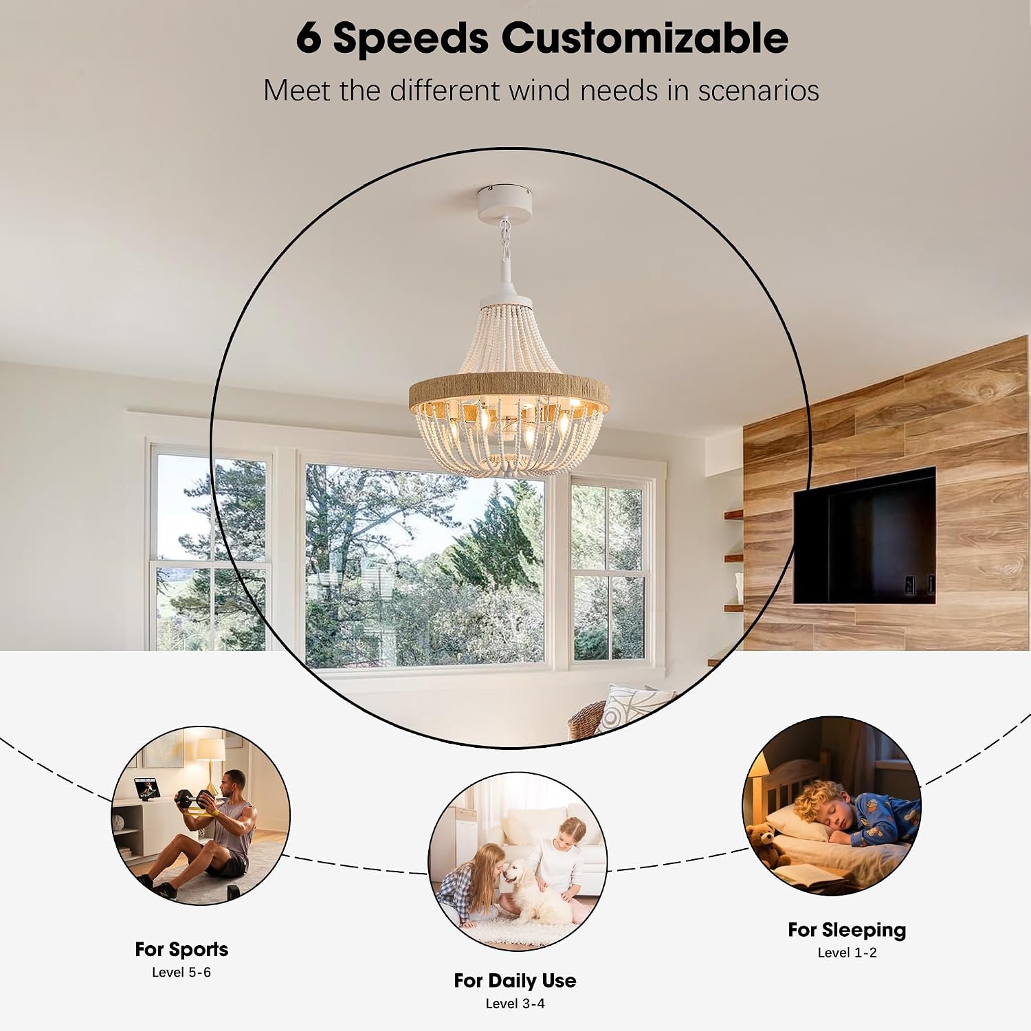 20' Rustic Beaded Chandelier Ceiling Fan with Lights, Remote & App Control, 6 Speed, 8-Lights Boho Fandelier, for Bedroom, Dining Room (Minimalist White)