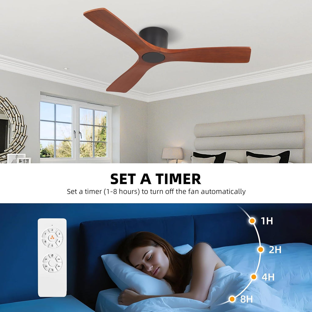 WINGBO 48 Inch Flush Mount DC Ceiling Fan without Lights, 3 Carved Wood Blades, 6-Speed Noiseless Reversible DC Motor, Hugger Ceiling Fan No Lights in Black Finish with Walnut Blades, ETL Listed