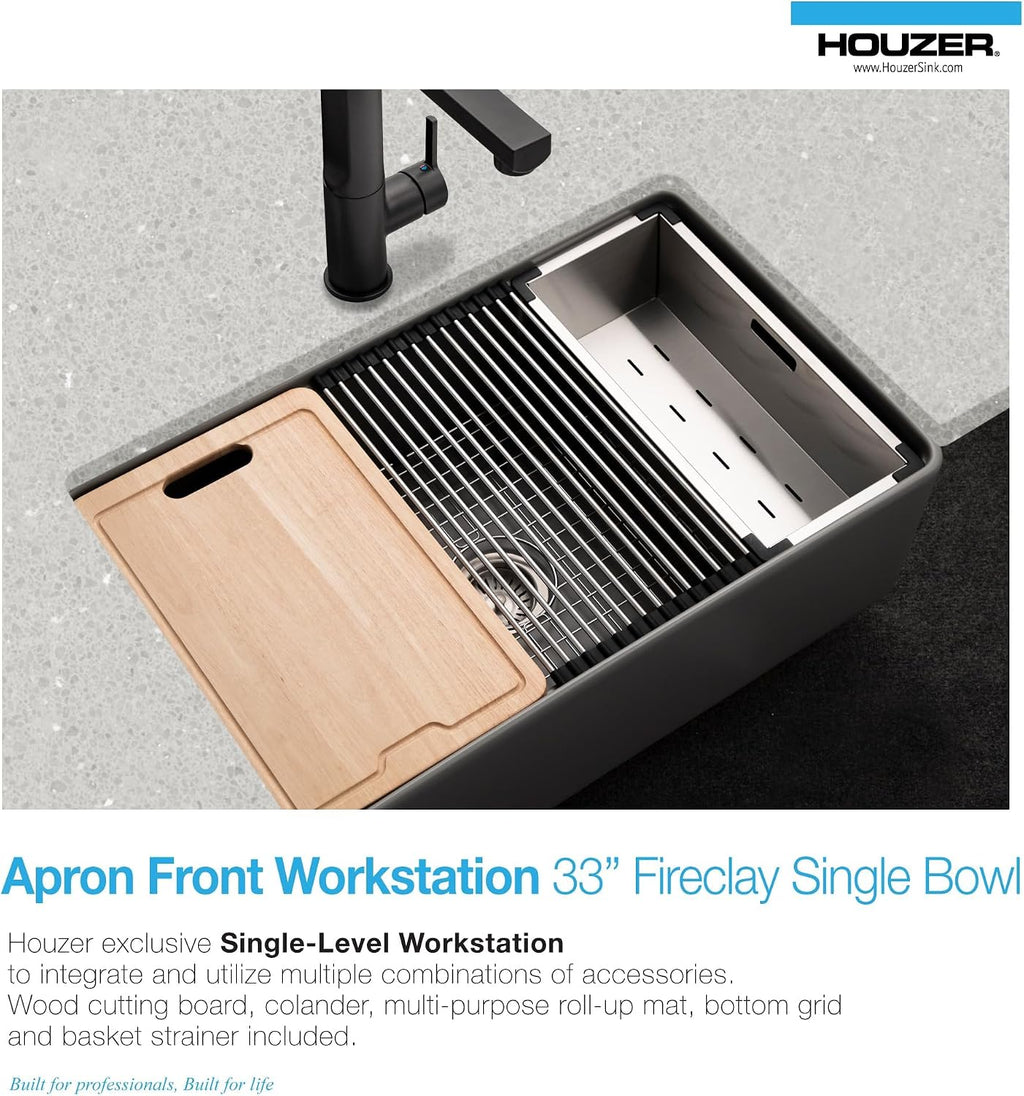 Houzer Aspire Gray Fireclay Workstation Sink: 33 Inch Farmhouse Apron Front Single Bowl Sink with Accessories, Durable & Versatile, Essential for Home & Apartment PTW-3320S GR