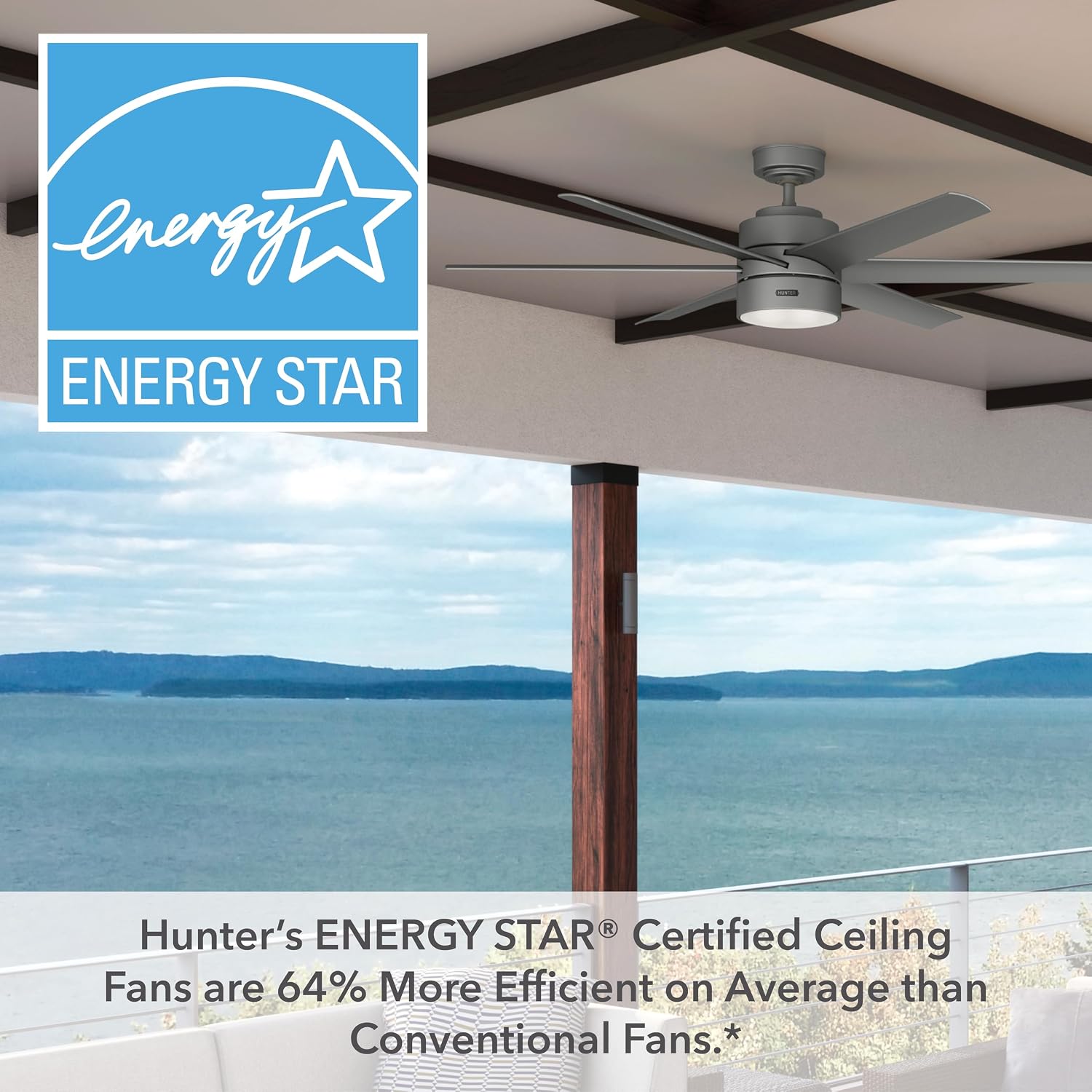 Hunter 60 inch Outdoor or Indoor Ceiling Fan with LED Light - Ceiling Fan with Wall Control, For Patio, Garage, or Porch, Quiet, Standard Mount, 6 Blades - Solaria 59625, Matte Silver