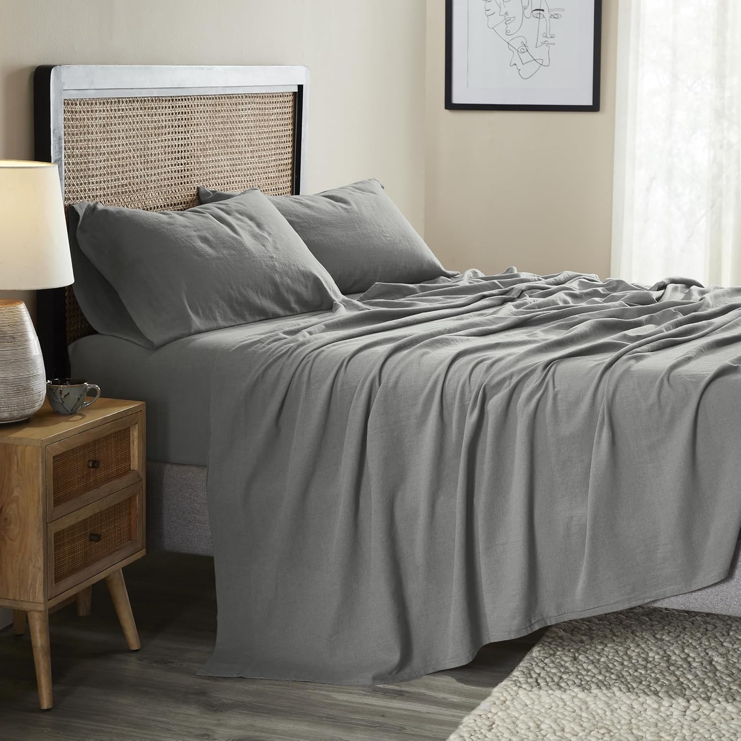 Superior Cotton Linen Blend Sheet Set, Bedsheets for Home Decor, Modern Solid Bedding Includes 1 Oversized Fitted Sheet, 1 Flat Sheet, 2 Pillowcases, Bedroom Essentials, King Size, Charcoal