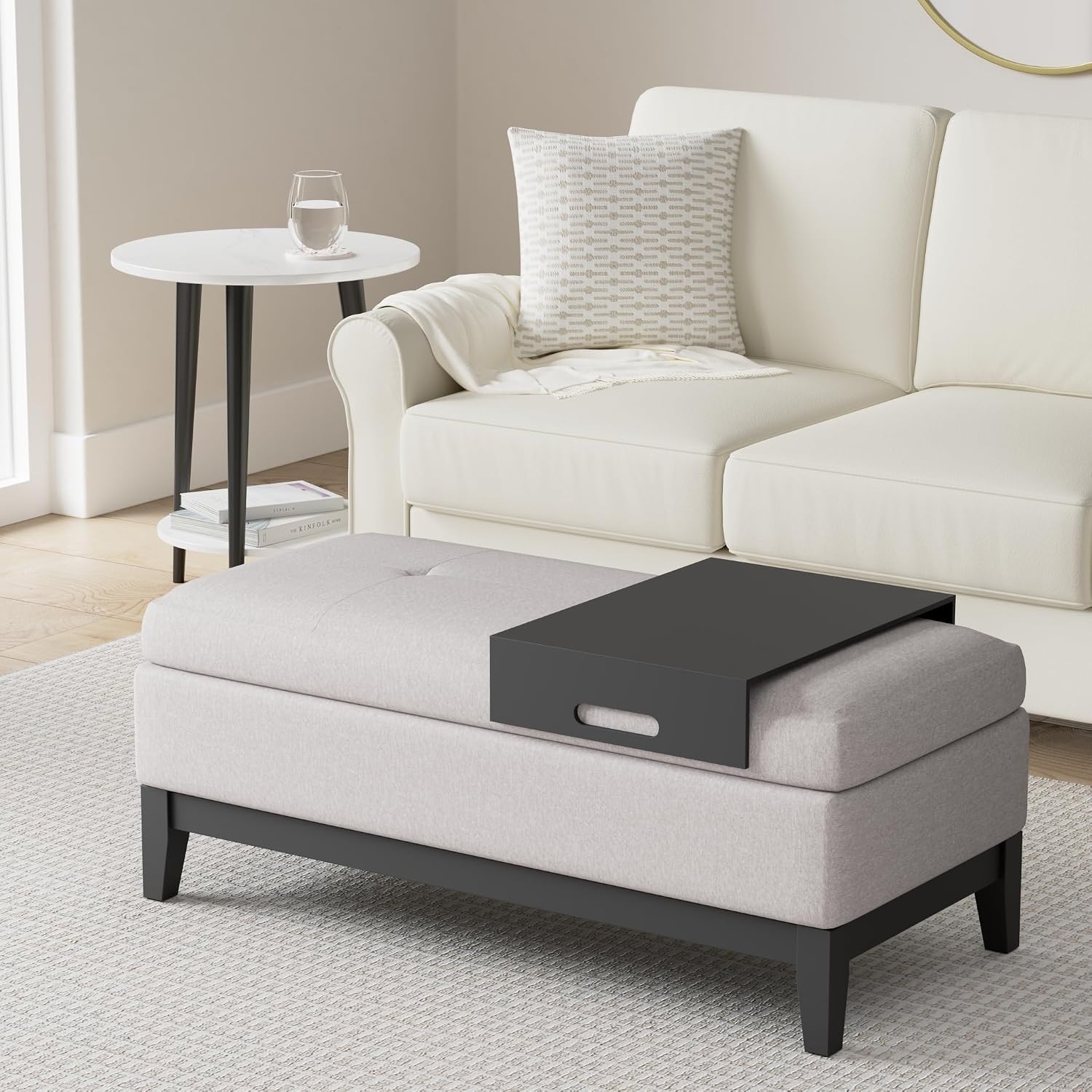 SIMPLIHOME Oregon Storage Ottoman Bench with Tray - 42 inch Wide Upholstered Linen Look Fabric Rectangle Storage Ottoman Bench in Cloud Grey, Transitional Tufted Ottoman for Living Room with Lift Top
