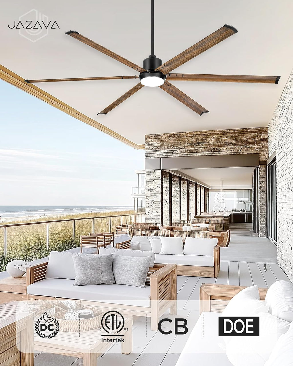 84 Inch Ceiling Fan with Light, Industrial Aluminum Blades, DC Motor 6 Speed Reversible,Covered Outdoor Patio Garage,Black & Walnut,CF06WD-84