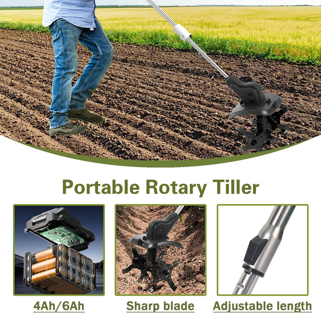 Cordless Tiller Cultivator, Electric Rototiller, Portable Garden Cultivator, 21v Battery Powered Rotary Tilling Tool, with 4/6Ah Batteries & Charger, for Lawn, Farm, Gardening,6Ah