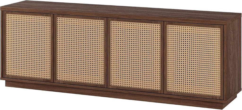Henn&Hart 2-Tone TV Stand for TVs up to 78' with 2 Concealed Storage Cabinets, Rattan Insert Detailing, and Adjustable Shelves for Living Room, Family Room, or Office, Medium Walnut/Natural Rattan