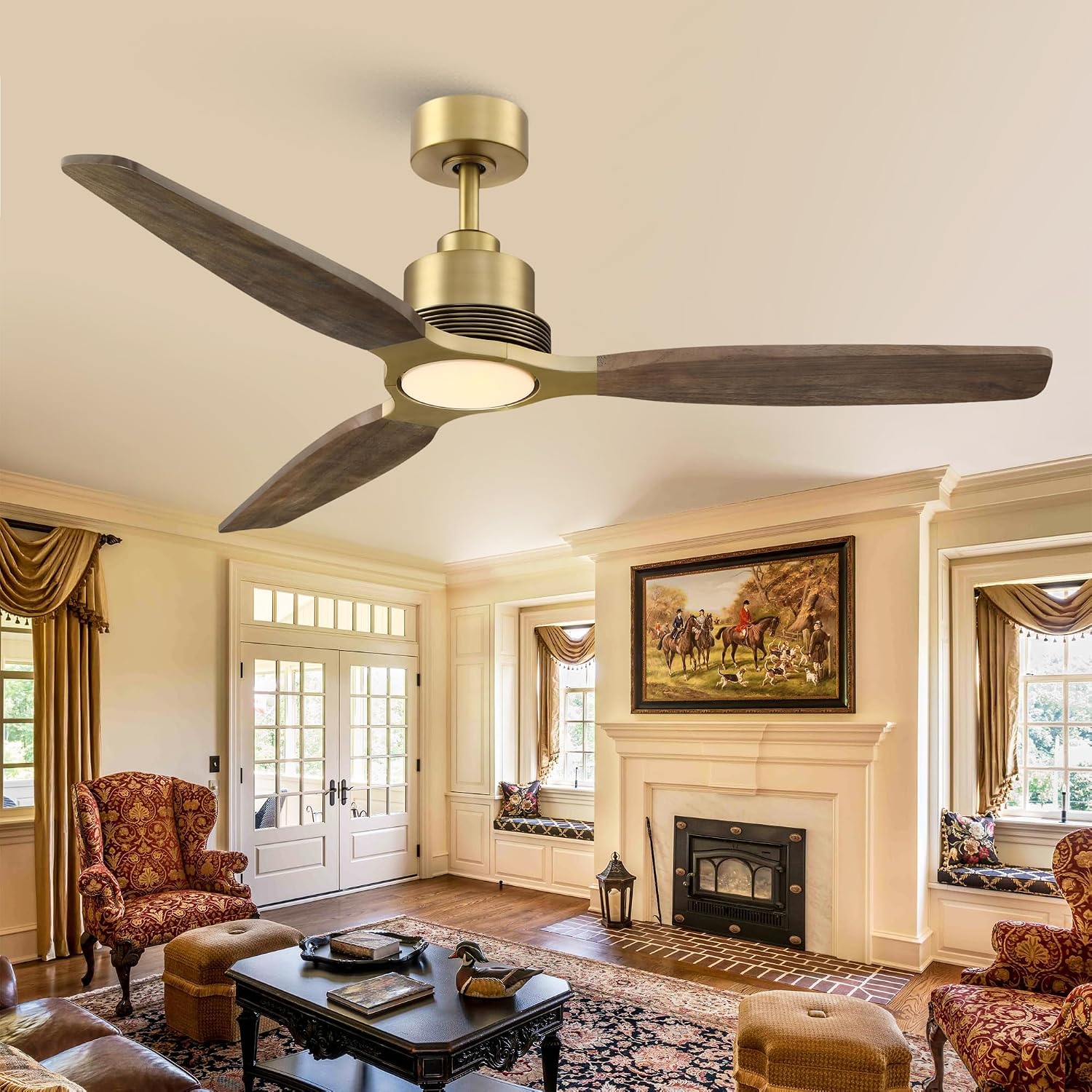 56 Inch Wood Ceiling Fan with Lights and Remote, Gold Brass Farmhouse Ceiling Fan, 3 Wood Blades, Dimmable LED, Quiet DC Motor, Reversible, Rustic Ceiling Fan for Living Room Bedroom