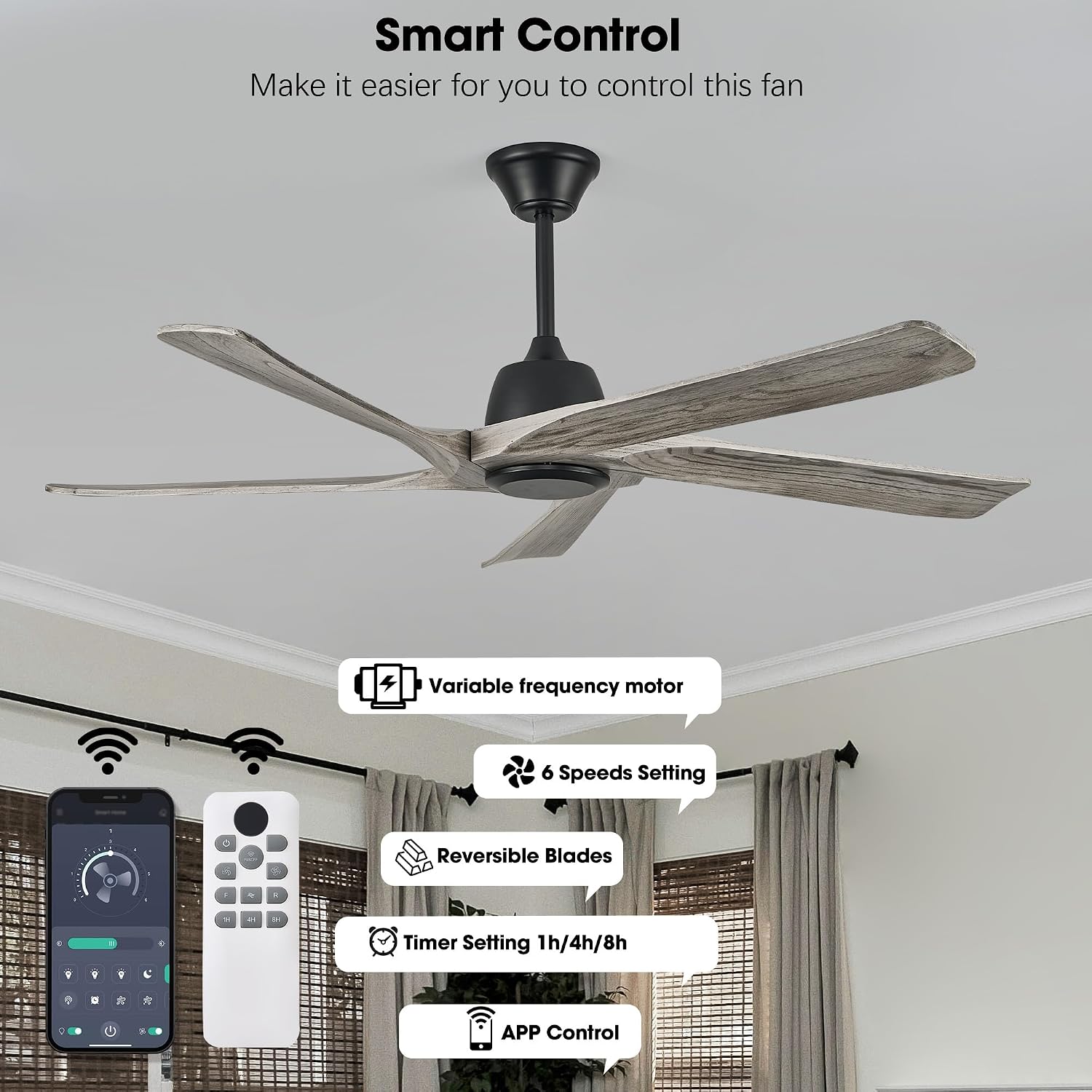 60 Inch Solid Wood Ceiling Fan No Lights, Remote and APP Control, DC Motor, 6-speed Reversible, for Bedroom, Living Room, Office, Outdoor Ceiling Fans, Greywood