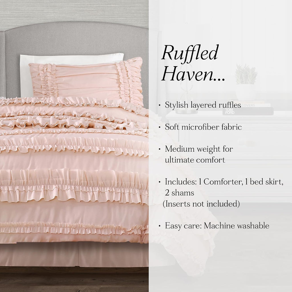 Lush Decor Belle Comforter Queen Size 4 Piece Set Blush - Ruffle Bedding Set - Cute Comforter - Coquette Decor - Queen Bedding