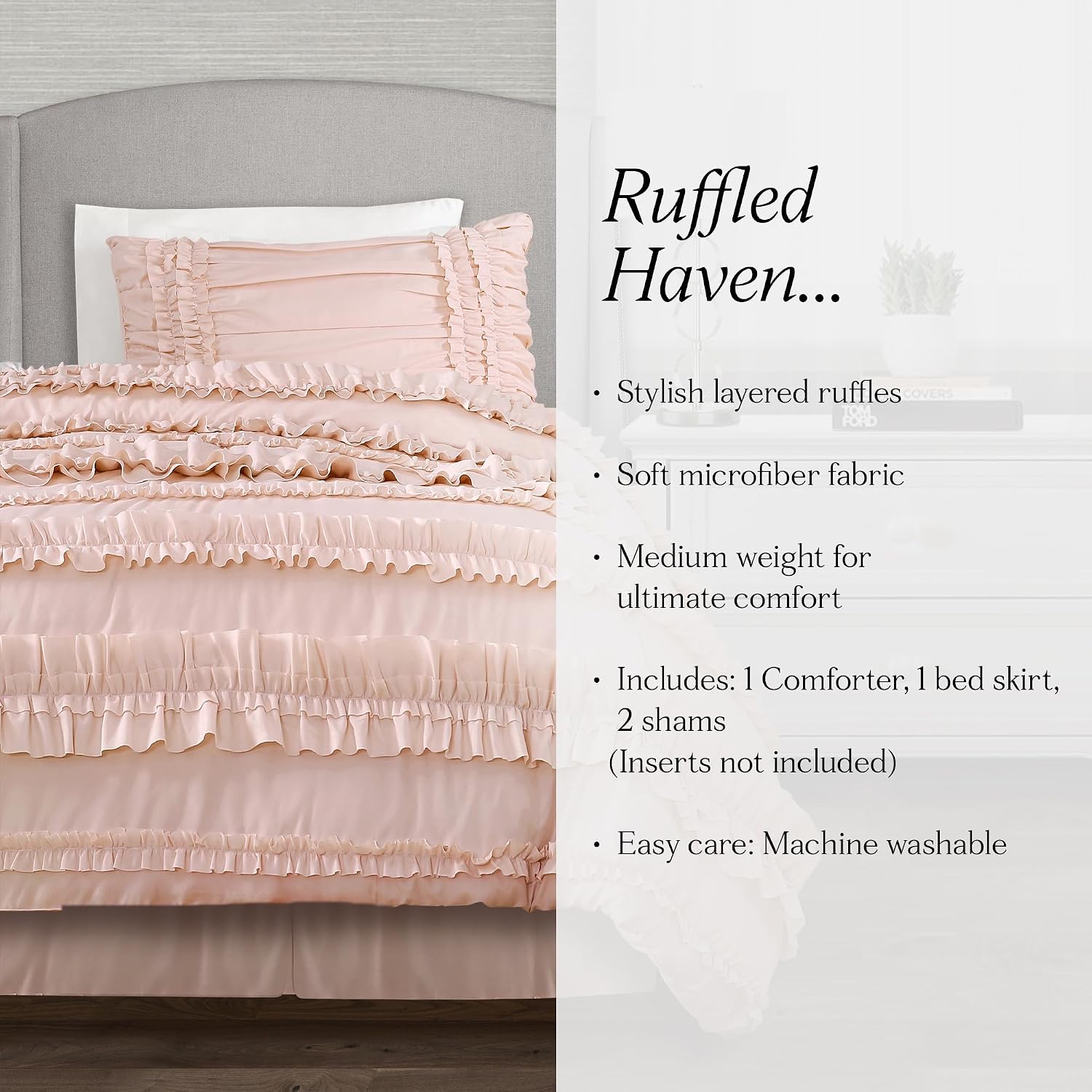 Lush Decor Belle Comforter Queen Size 4 Piece Set Blush - Ruffle Bedding Set - Cute Comforter - Coquette Decor - Queen Bedding