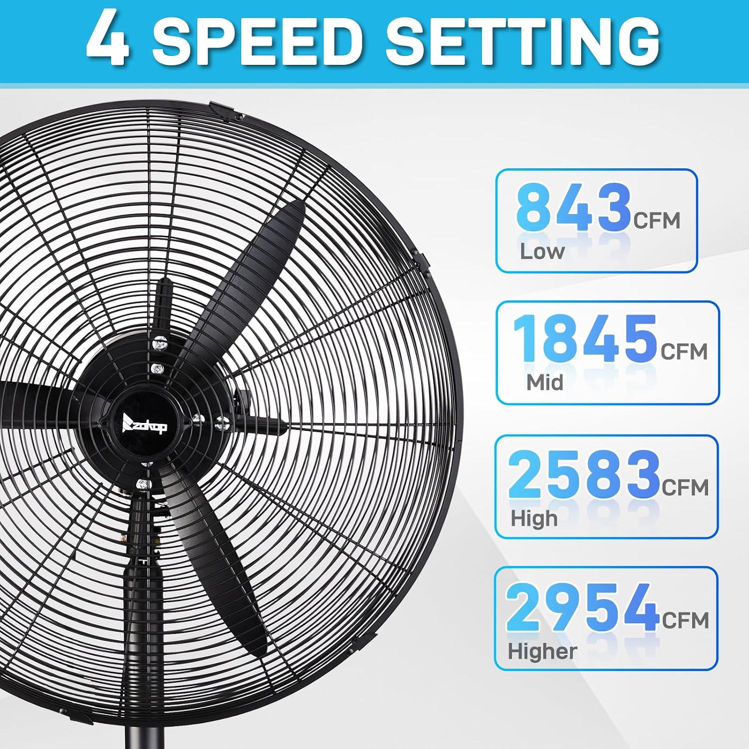 20 Inch Pedestal Fan with 5000 CFM Industrial Floor Fan for Garage, Warehouse, Workshop Oscillating Stand Up Fan 4 Speeds Adjustable Height Metal Construction for Commercial Residential Cooling Black