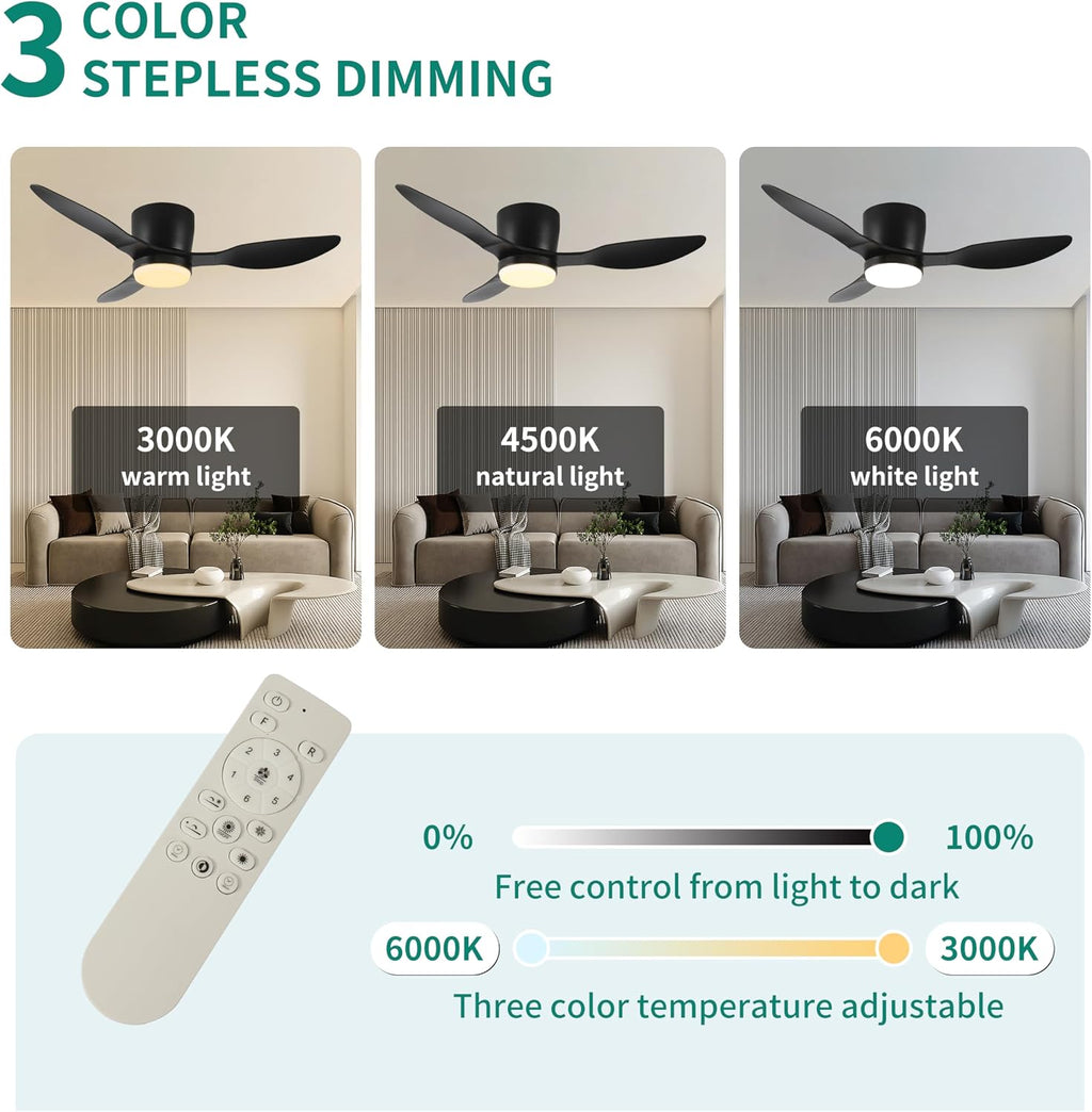 42' Smart Flush Mount Ceiling Fans with Lights Remote,Quiet DC Motor,Outdoor Indoor Low Profile Ceiling Fan,Control with WIFI App,Dimmable,ABS blades,for Bedroom Patio