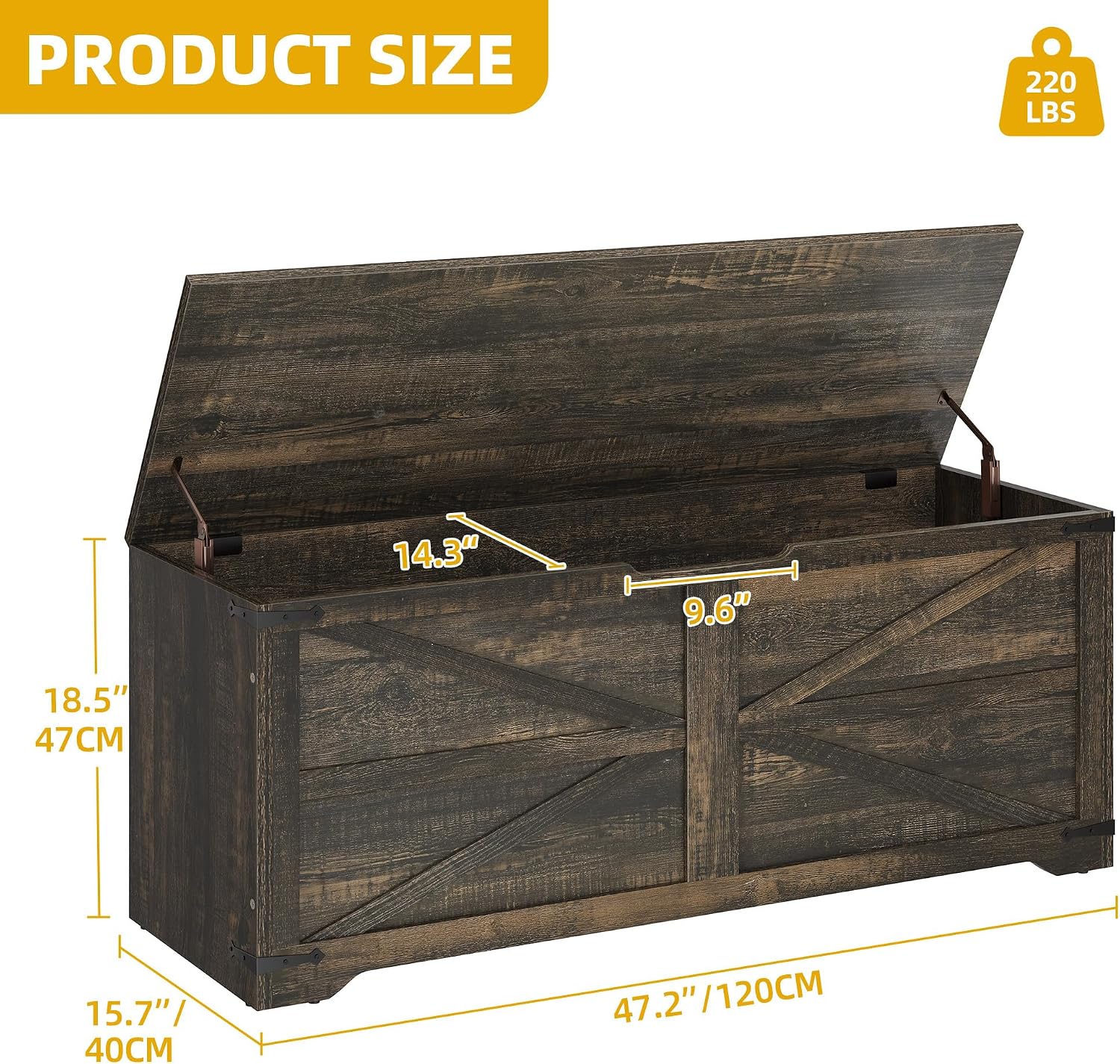 DWVO Storage Bench, 47.2' Farmhouse Storage Chest with 2 Safety Hinges, Wooden Storage Organizer, Shoe Bench for Entryway, Bedroom, Living Room, Dark Rustic Oak