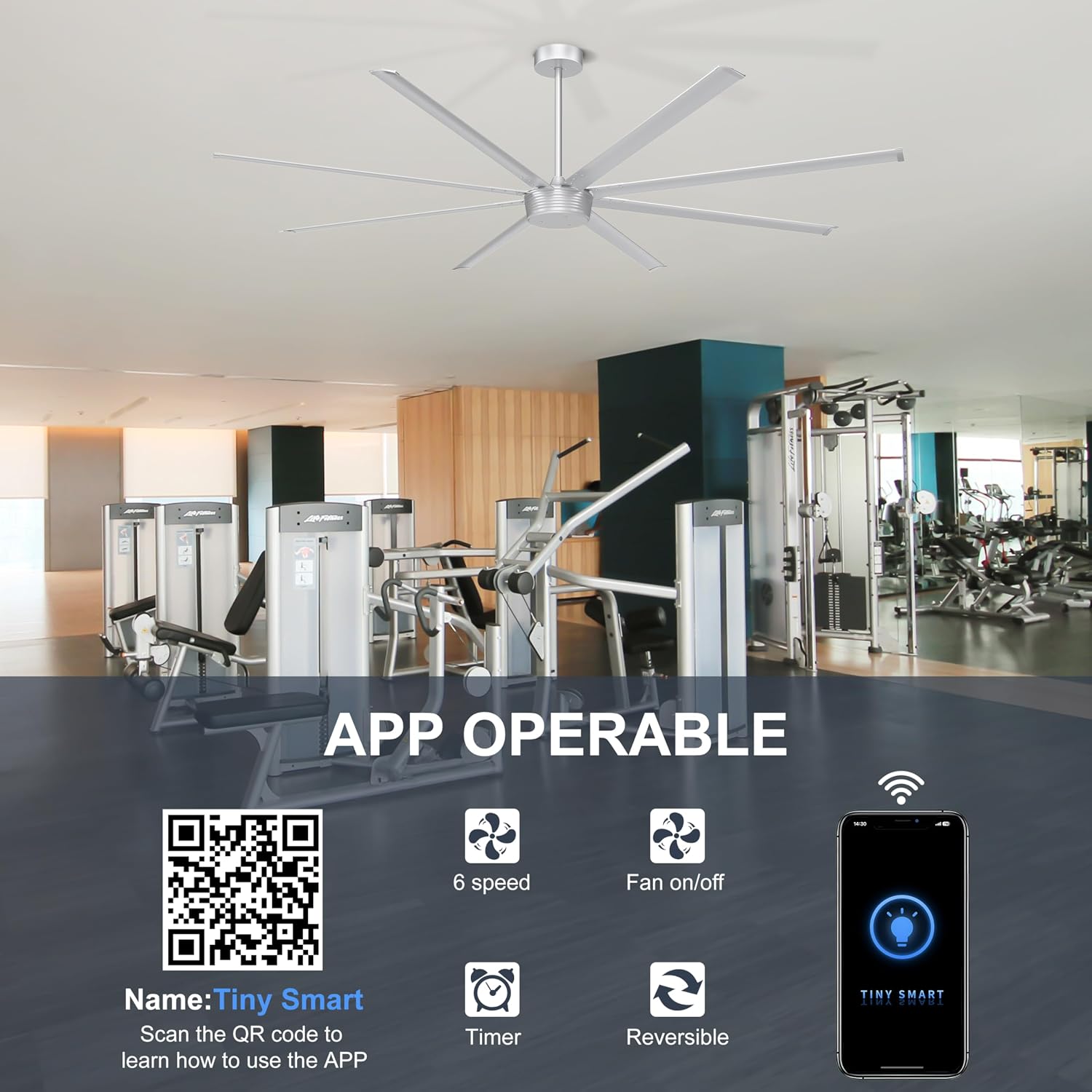 Ohniyou 96'' Industrial Ceiling Fan No Light - High CFM Large Metal Fan with 8 Aluminum Blades, Remote/APP Controlled, DC Motor, for Shop, Warehouse, Gym, Silver