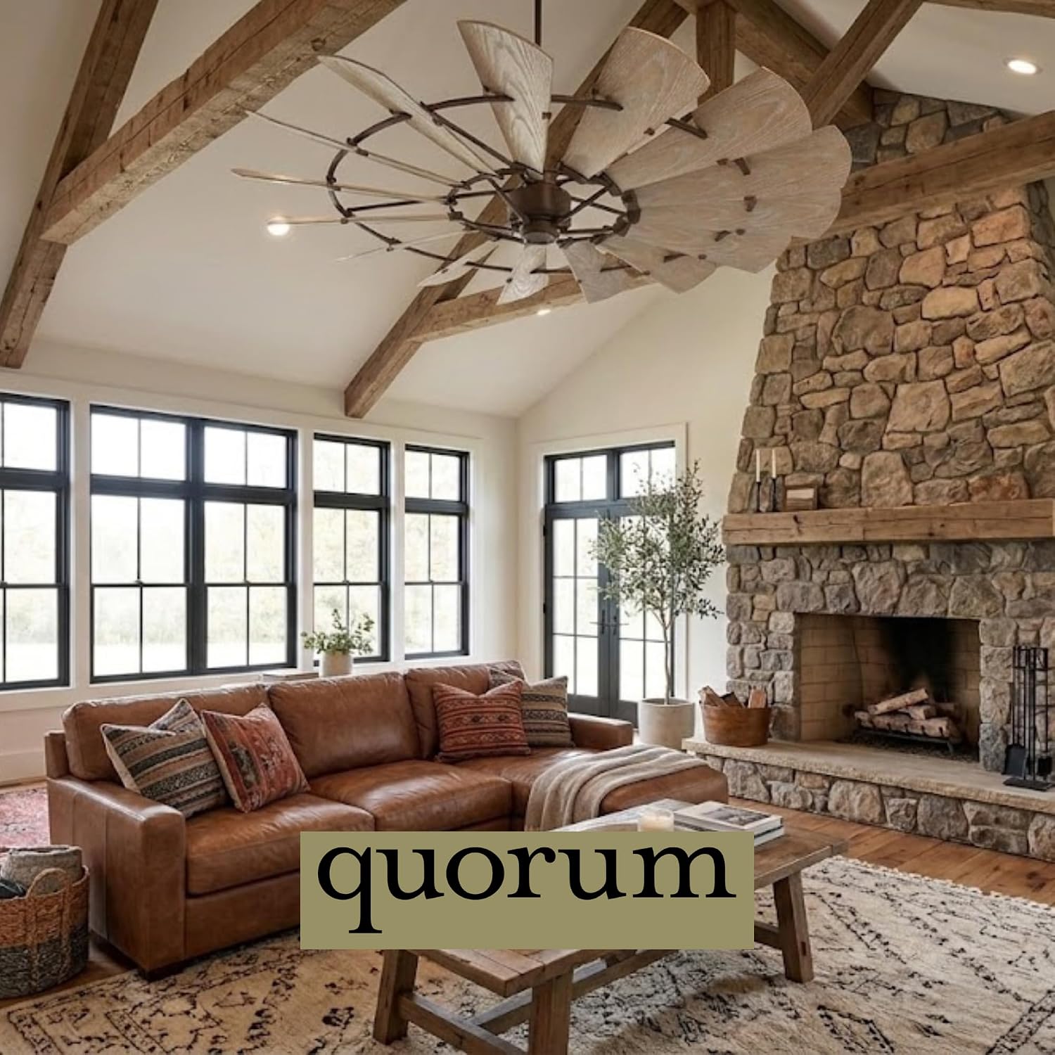 Quorum 196015-86 Windmill 60 Inch Ceiling Fan | 15 Blade Wagon Wheel Design | 6 Speed Reversible DC Motor | Remote Control Included | Damp Rated Fan | Weathered Oak Blades | Oiled Bronze Finish