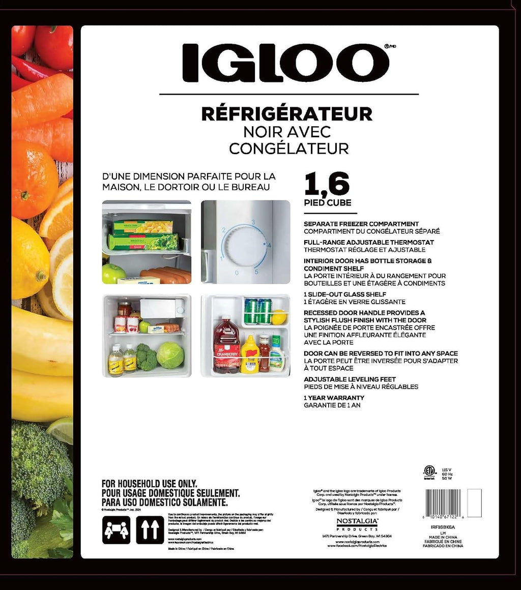 Igloo 1.6 Cu.Ft Mini Fridge with Freezer- Single Door Compact Refrigerator with Glass Shelves for Homes, Dorms & Offices- Keep Snacks, Drinks & Frozen Foods Cool with Temperature Control Fridge- Black