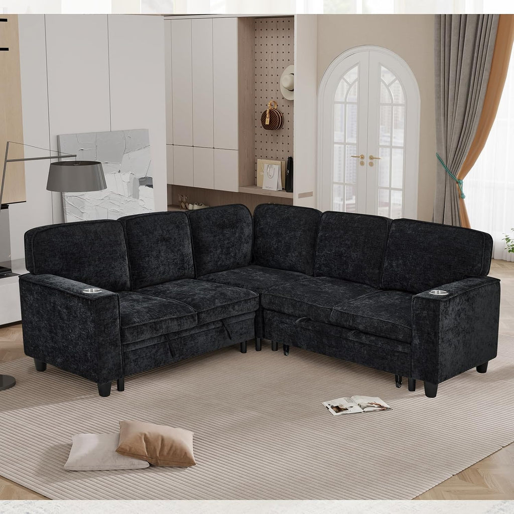 KEIKI 81' L-Shaped Oversized Chenille Modular Sectional Sleeper Sofa with Pull-Out Bed, Storage Seat, Modern 5-Seater Upholstered Couch Bed with Charging Station, Easy Assembly, for Living Room, Black